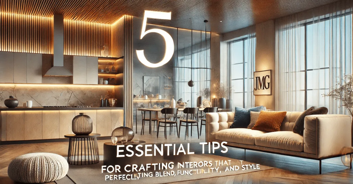 Modern interior design showcasing a spacious open floor plan with large windows, natural lighting, and a harmonious color palette. The image features the text '5 Essential Tips for Crafting Interiors that Perfectly Blend Comfort, Functionality, and Style' with subtle 'JMG' branding on the wall.