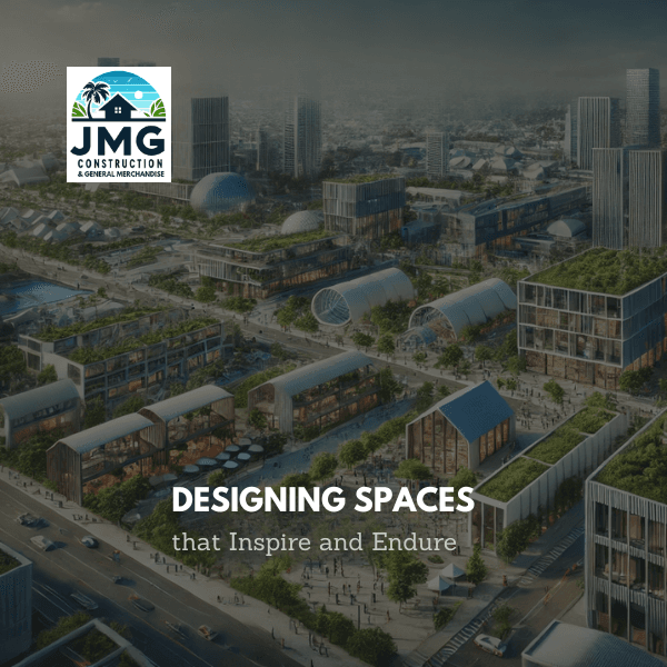 Aerial view of a modern urban landscape with the JMG Construction logo and the tagline u0022Designing Spaces that Inspire and Endure.u0022