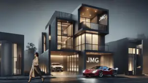 Modern two-story house with a dark theme, featuring large glass windows and minimalist design.