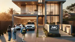 Modern minimalist residential building by JMG Construction featuring clean lines, large glass windows, and sustainable design with three people walking towards the entrance.