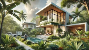 A highly refined rendering of a modern tropical-inspired house designed by JMG Architects in Cagayan de Oro, featuring a minimalist design with eco-friendly elements and vibrant greenery.