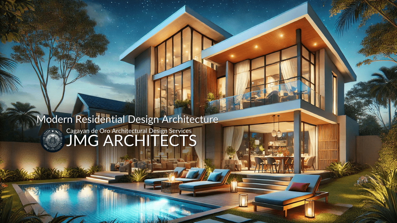 Residential Blueprint - Modern Home Design Modern two-story house with pool under a starry midnight sky, designed by JMG Architects.