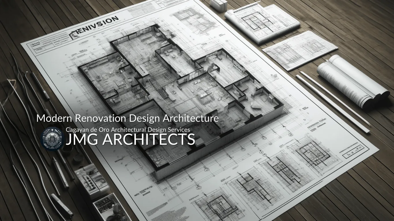 Renovation blueprint showing before-and-after layouts and structural improvements, designed by JMG Architects.