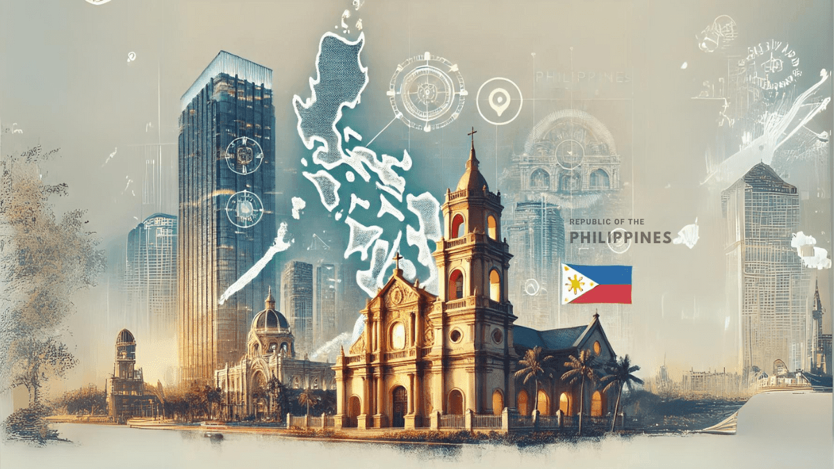 Modern and traditional architectural design in the Philippines, showcasing skyscrapers and historical landmarks that represent sustainable and cultural architecture.