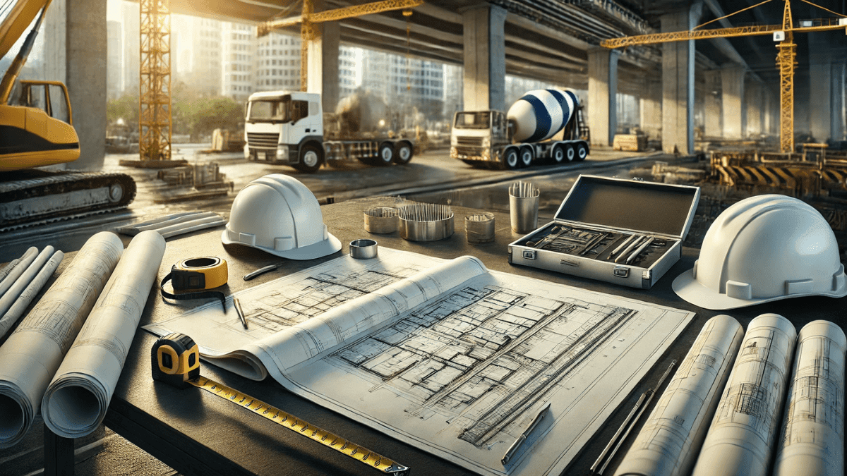 A construction site with a table featuring architectural plans, a hard hat, and measuring tools. Construction equipment such as cranes and scaffolding are visible in the background, representing construction administration and architectural design services.