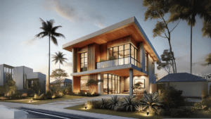 Modern Filipino home design with a two-storey minimalist structure featuring clean lines, large windows, and a mix of wood, stone, and concrete materials, surrounded by tropical landscaping.