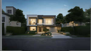 Modern two-story residential building with large glass windows, a sleek minimalist design, a driveway, and surrounding greenery at dusk.