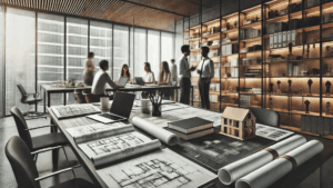 Pre-Design / Feasibility Study office setup with blueprints and models.